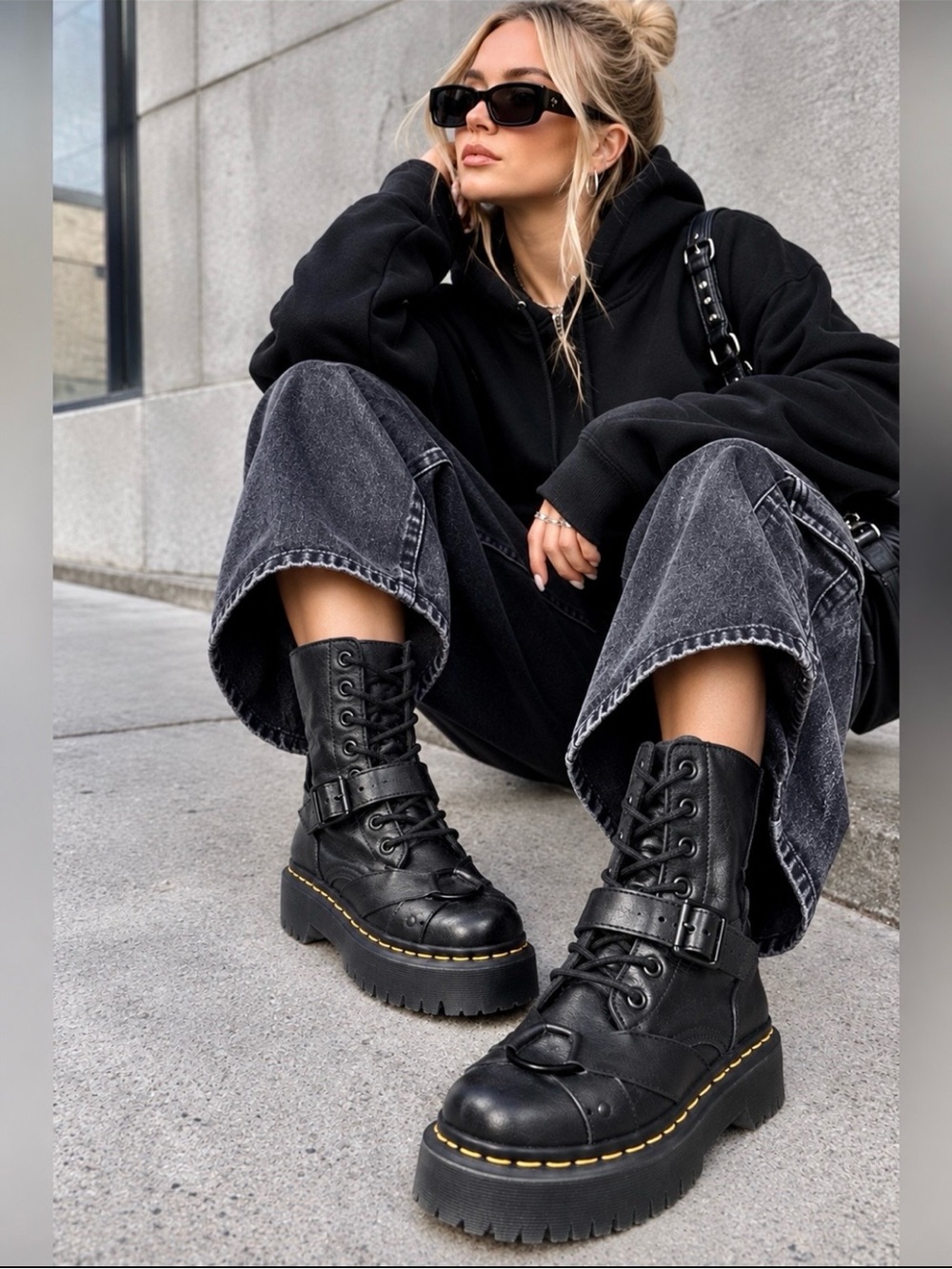Dr. Martens Black Leather Combat Boots with Yellow Stitch Details size US 8